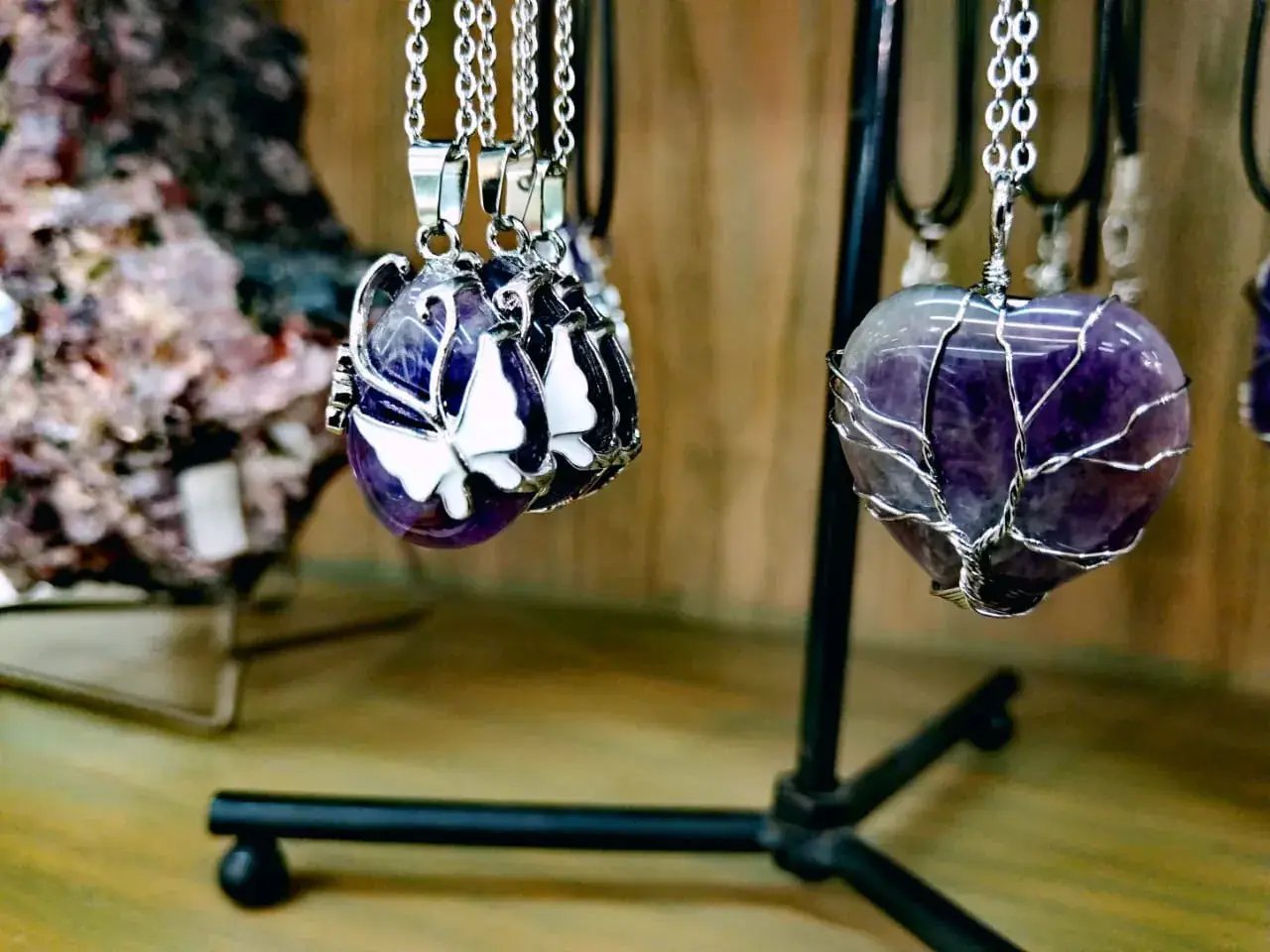 Pendentifs améthyste en forme de papillon et de cœur arbre de vie