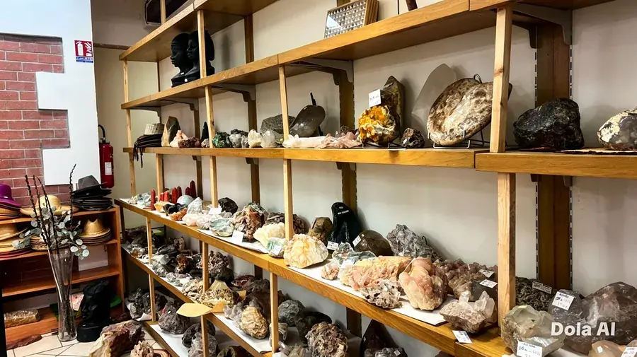 Vue d'ensemble des vitrines et etageres de mineraux du showroom de Saint-Pierre