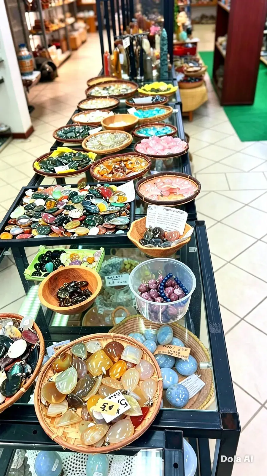 Vitrine de pierres et de bijoux dans le showroom de Saint-Denis