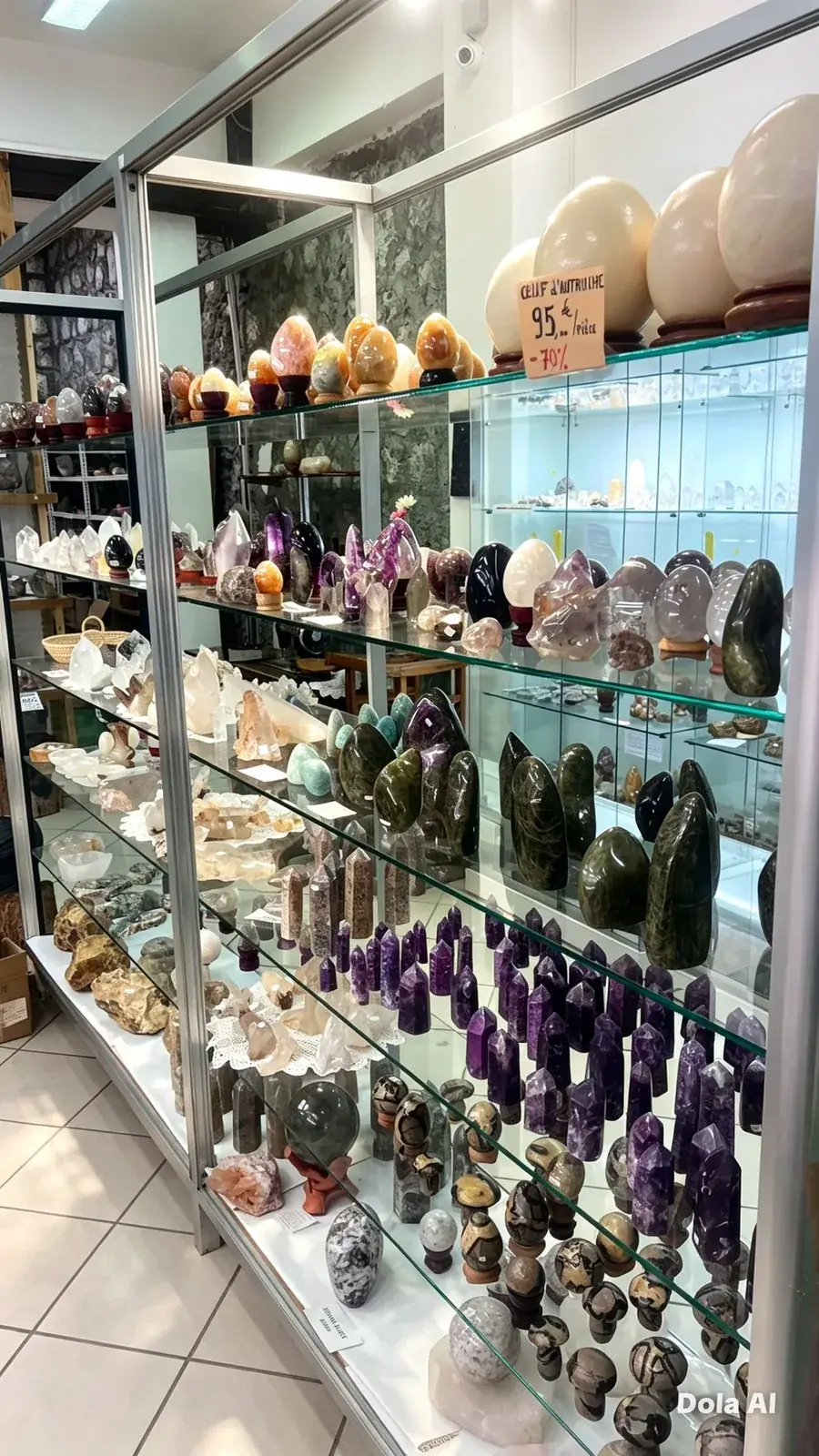 Vitrine de pointes de cristal et améthystes